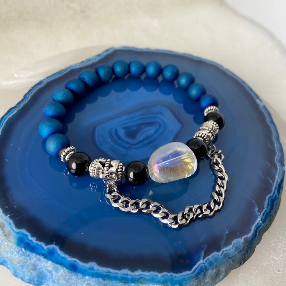 Aura crystal + blue druzy quartz & onyx + chain - Picture 9 of 12